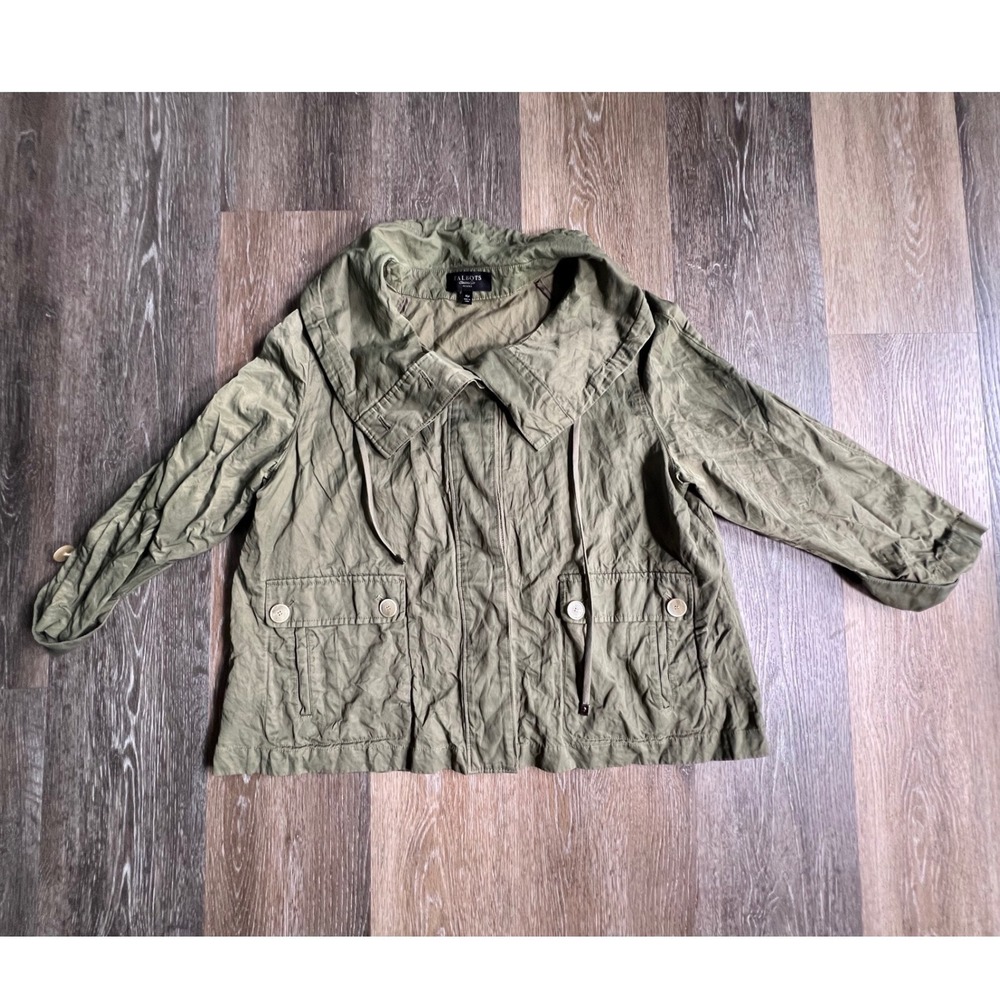 Talbots Jacket Womens 16P Olive Green Utility Funnel Neck Full Zip Petites 2490